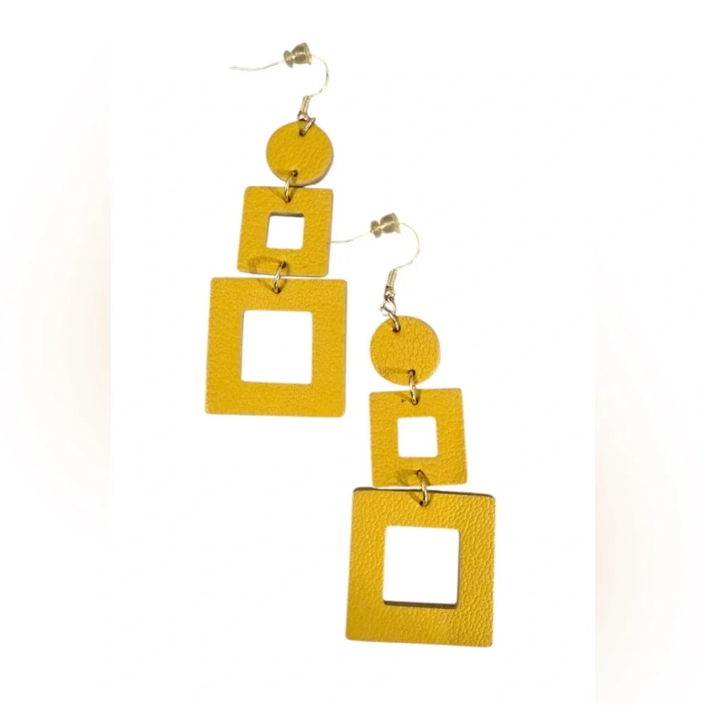 #726 Mustard Yellow Geometric Faux‎ Leather Dangle Earrings